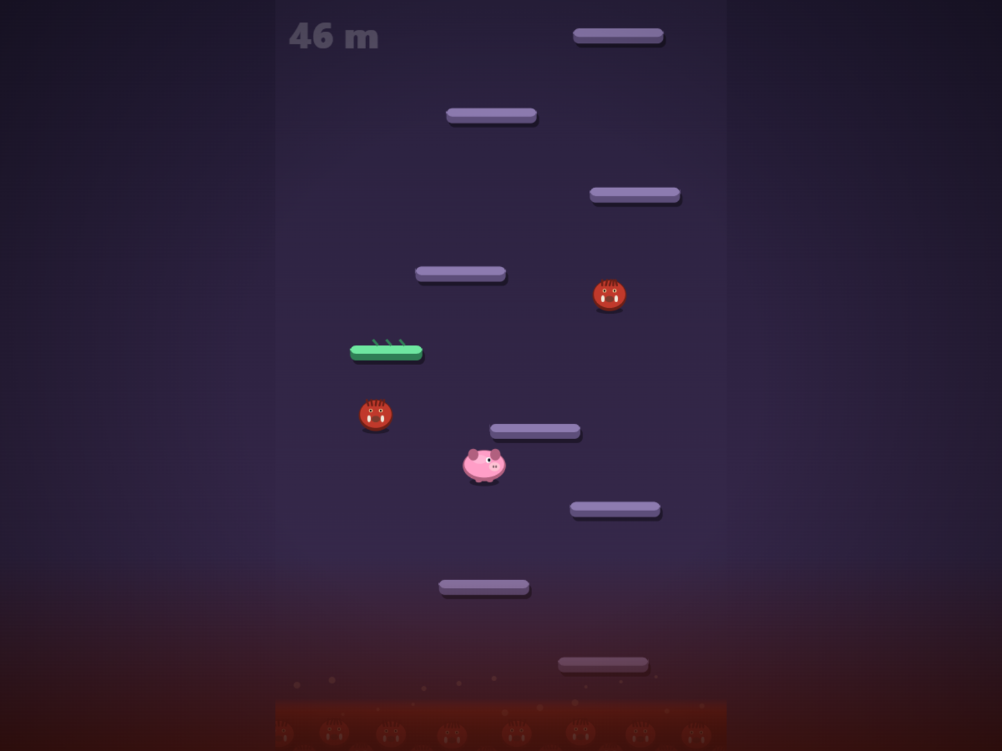 A pink pig bounces up a tall column of ledges while a red herd of tusked boars floods the bottom of the screen