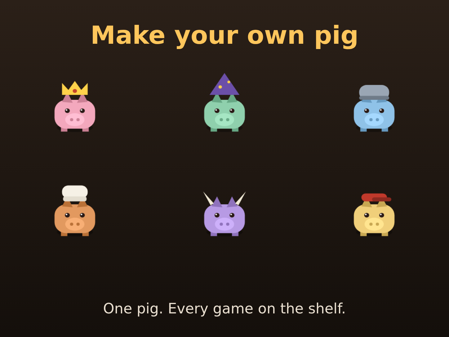 Six pigs in different colours wearing a crown, a wizard hat, a helmet, a chef's hat, boar horns and a cap
